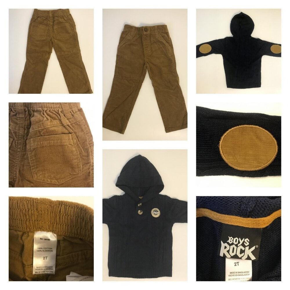 Boys Rock 2 Piece Set 2T  blue button hoodie sweater brown corduroy pants